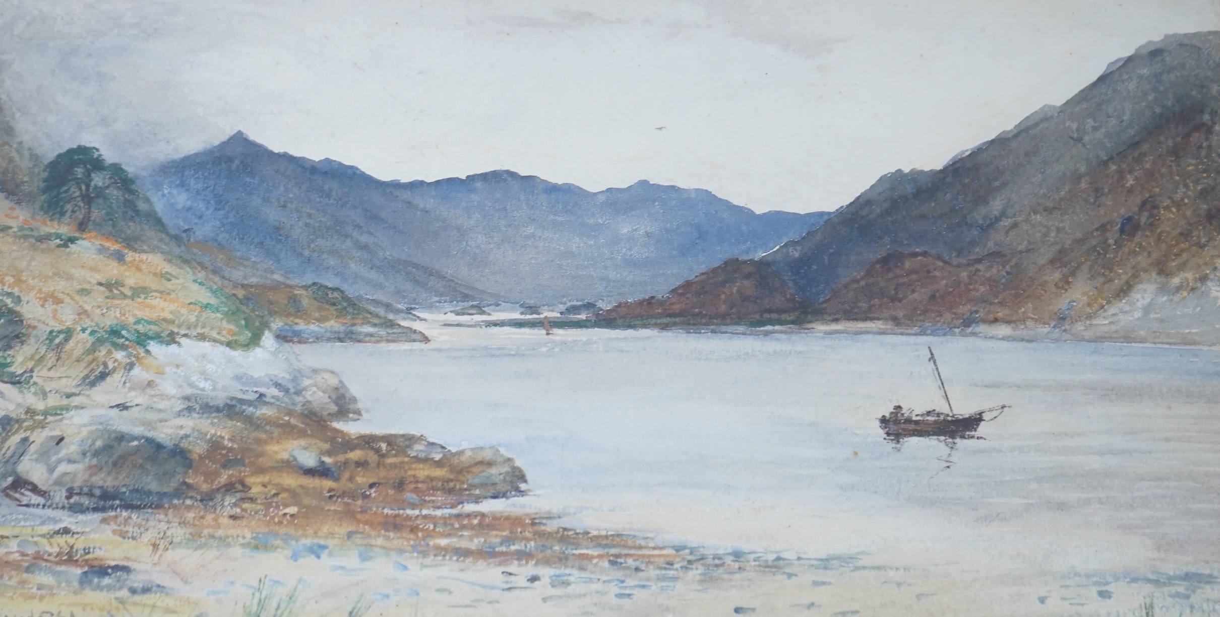 Otto Theodor Leyde R.S.A (1835-1897), watercolour, Highland loch scene with figure and fishing boat, signed, 25 x 46cm, ornate gilt framed. Condition - fair